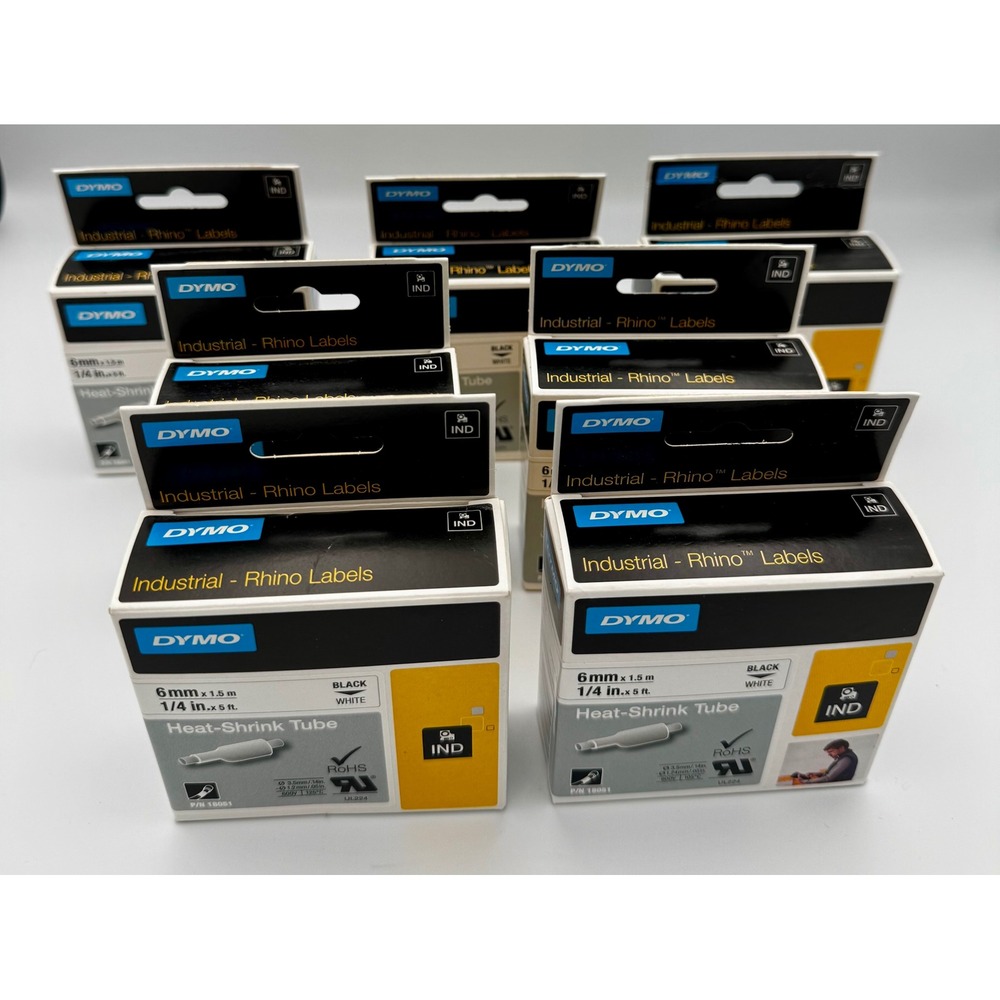 Lot of 7 DYMO Rhino 18051 Heat Shrink Tube Tape 1/4" 6mm Black on White IND New